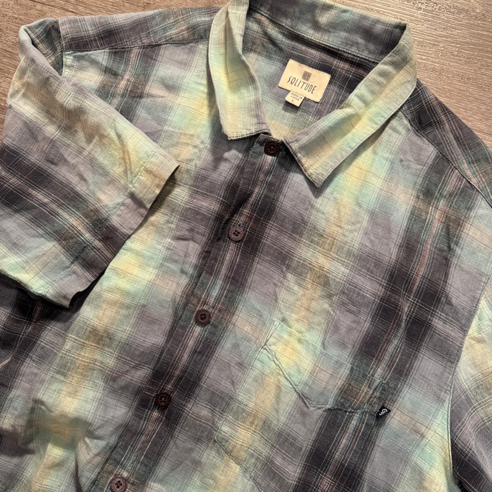 Solitude Shirt Mens L Blue Plaid Linen Short Sleeve Button Up Costal Vacation